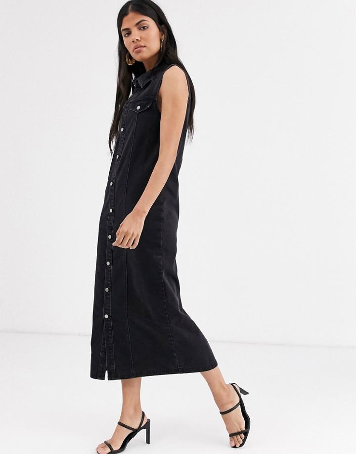 Lost Ink Button Front Maxi Column Dress In Denim-black