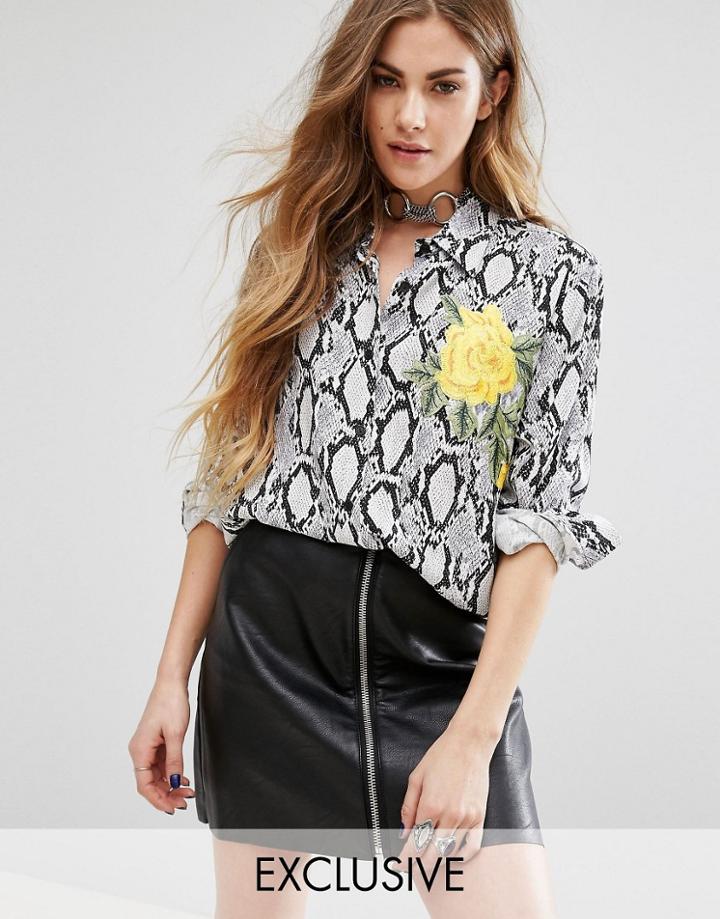 Reclaimed Vintage Boyfriend Shirt In Snake With Patch - White