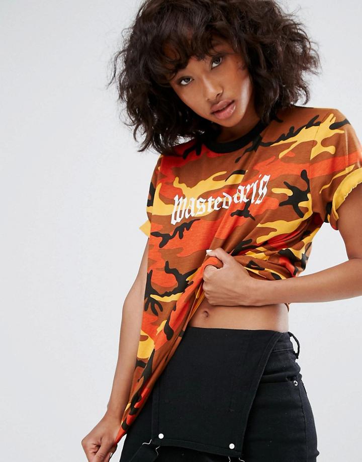 Wasted Paris Boyfriend T-shirt With Gothic Print In Bright Camo - Multi