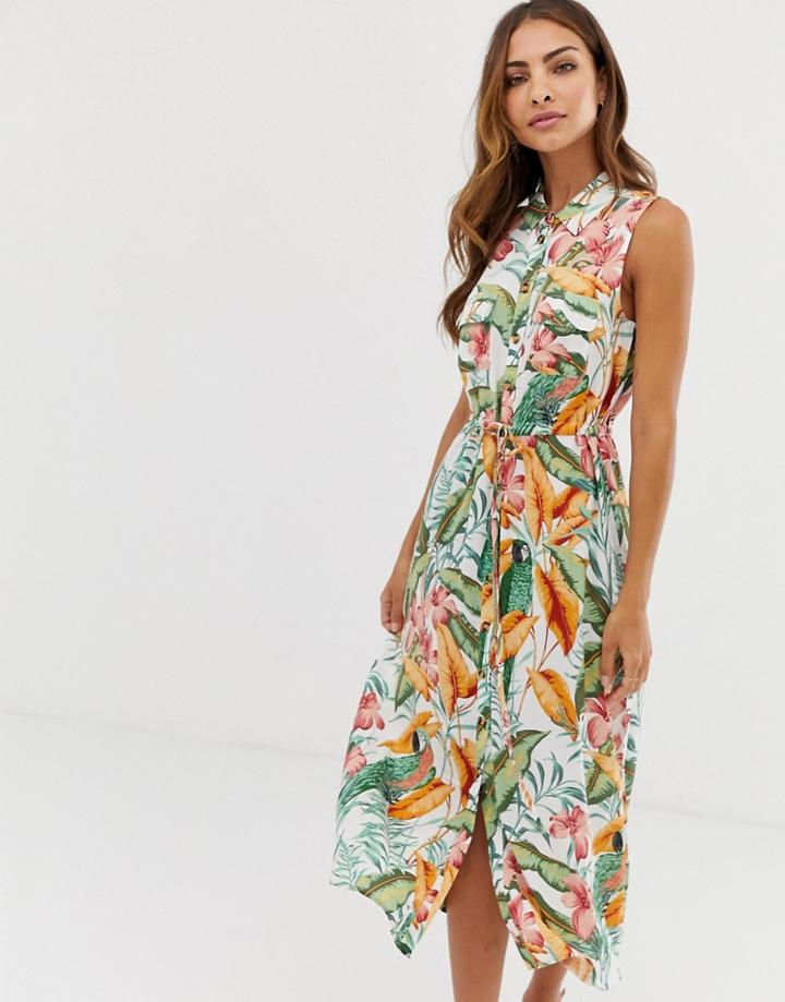 Warehouse Midi Shirt Dress In Tropical Print - Cream