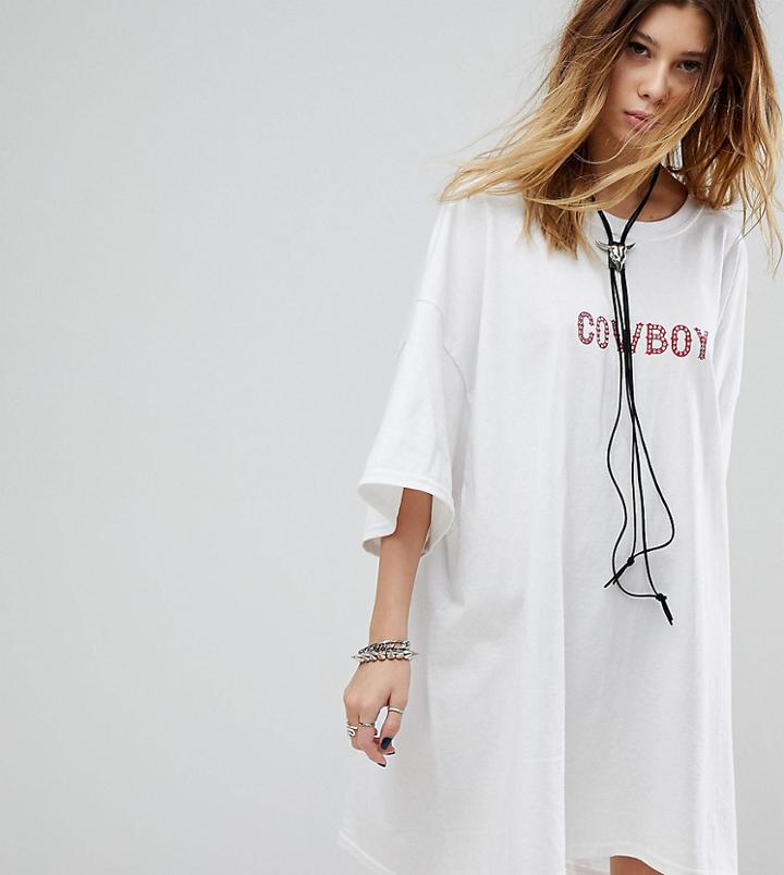 Milk It Vintage Rhinestone Cowboy T-shirt Dress With Bolo Tie - White