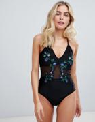 Unique21 Mesh Swimsuit With Embrodered Detail - Black