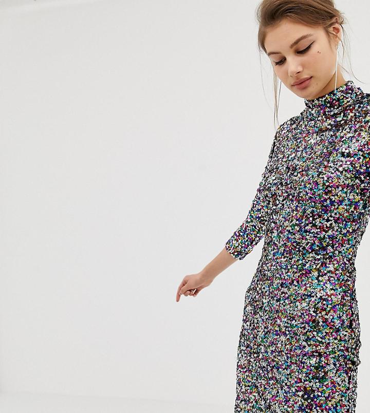Warehouse High Neck Bodycon Dress In Rainbow Sequin - Multi