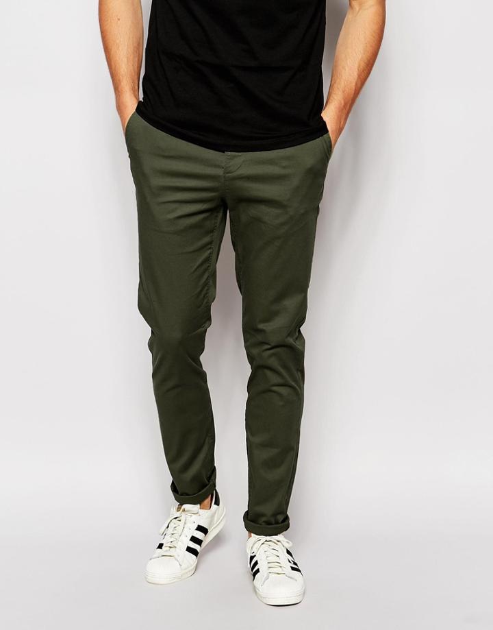 Asos Skinny Chinos In Dark Khaki - Forest Night