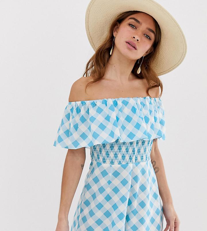 Asos Design Petite Off Shoulder Ruffle Romper With Shirring In Gingham Print - Multi