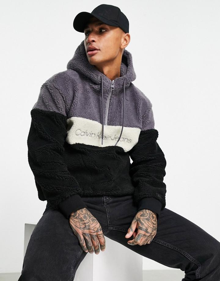 Calvin Klein Jeans Sherpa Color Block Hoodie In Black/gray-multi