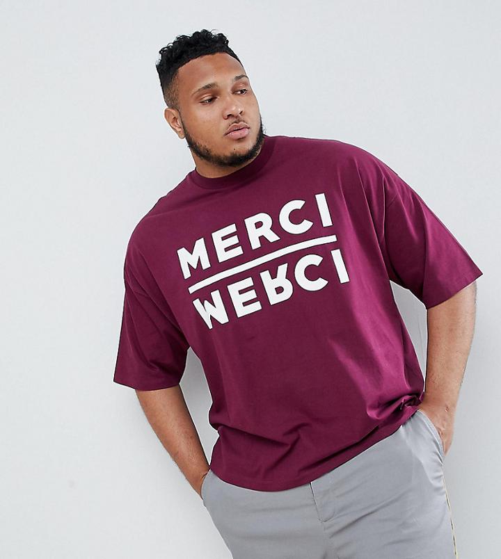 Asos Design Plus Oversized T-shirt With Merci Text Print And Half Sleeve - Red