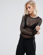 New Look Long Sleeve Fish Net Top - Black