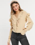 Violet Romance Ruffle Detail Cardigan In Oatmeal-neutral