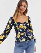 Influence Button Front Blouse With Sweetheart Neckline In Navy Floral - Navy