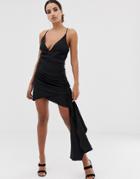 Asos Design Cami Mini Dress With Plunge Bodice And Drape Skirt Detail-black