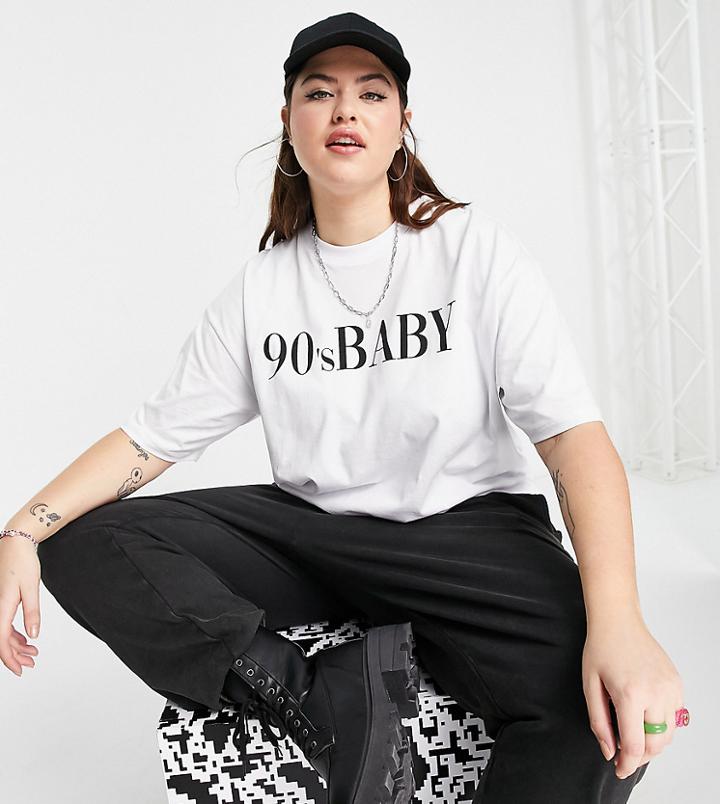 Asos Design Curve Oversized T-shirt In White With 90s Front Print
