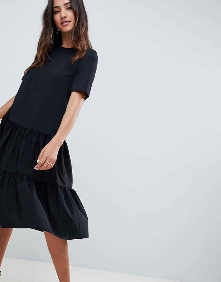 Asos Design Tiered Smock Midi Dress - Black