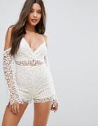 Lipsy Cold Shoulder Beach Romper In Lace - White