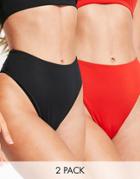 Asos Design 2 Pack High Leg High Waist Bikini Bottom In Black And Red-multi