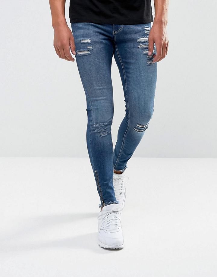 11 Degrees Super Skinny Jeans In Midwash Blue With Distressing - Blue