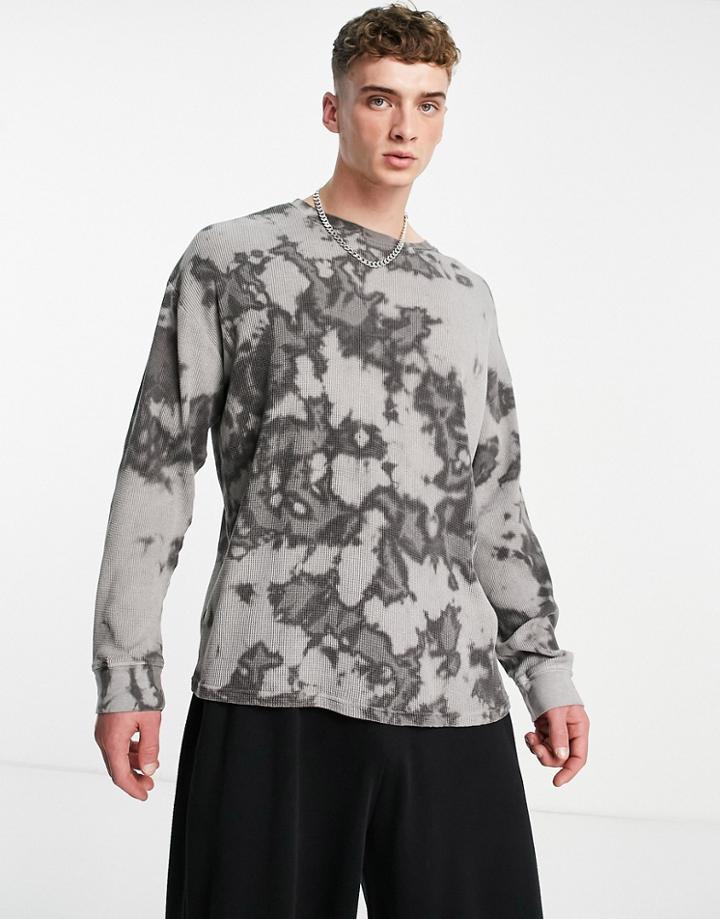 Topman Long Sleeve Oversized Fit Waffle Texture Tie Dye T-shirt In Gray-grey