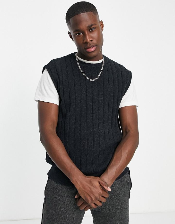 Selected Homme Oversized Rib Knit Vest In Dark Gray