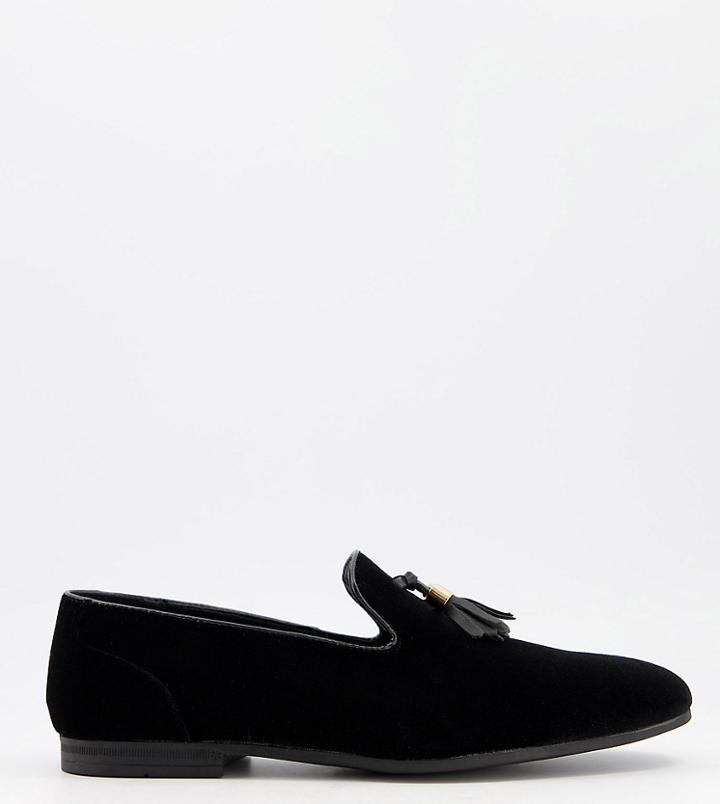 Asos Design Wide Fit Tassel Loafers In Black Faux Velvet