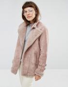 Asos Suede Aviator Jacket With Faux Shearling - Pink