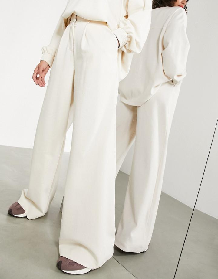 Asos Edition High Waist Pants In Textured Jersey In Cream-white