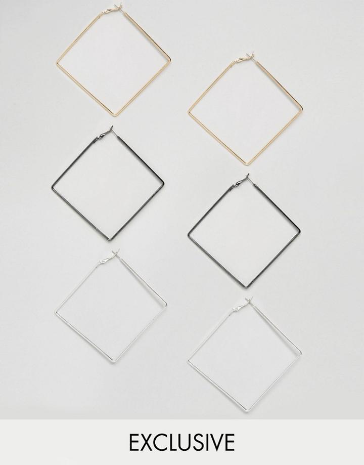 Reclaimed Vintage Inspired 3 Pack Square Hoop Earrings - Silver