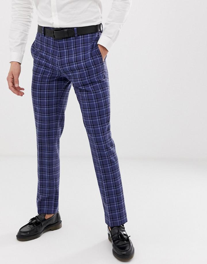 Asos Design Slim Suit Pants In Tonal Blue Wool Mix Check - Blue