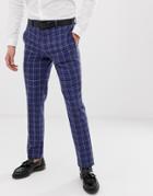 Asos Design Slim Suit Pants In Tonal Blue Wool Mix Check - Blue