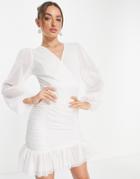 Trendyol Wrap Front Mini Dress With Mesh Balloon Sleeves In White