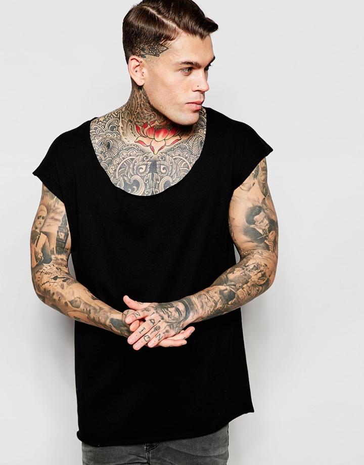 Asos Oversized Sleeveless T-shirt In Raw Edge With Scoop Neck In Black - Black
