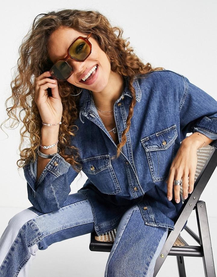 Topshop Oversized Denim Shirt In Mid Blue