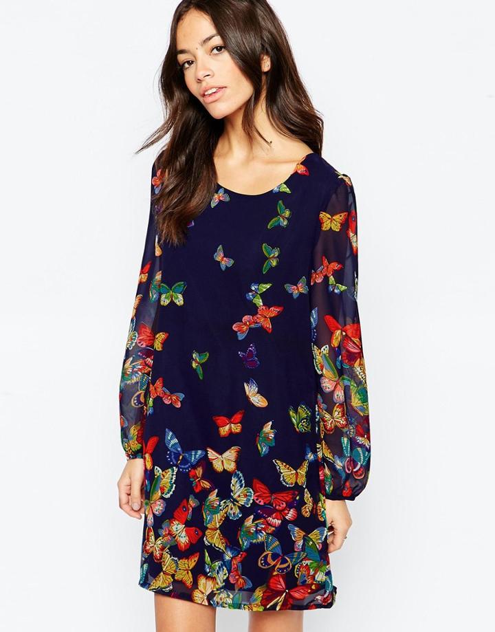 Yumi Long Sleeve Shift Dress In Butterfly Border Print - Navy