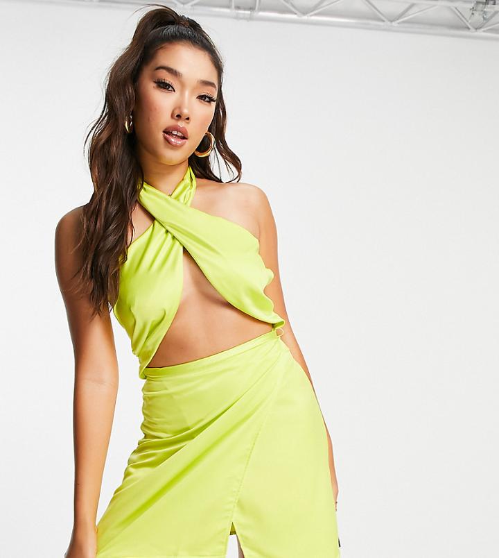 Asyou Satin Halter Wrap Mini Dress In Lime-green