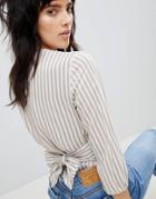 Stradivarius Striped Linen Top With Bow - Beige