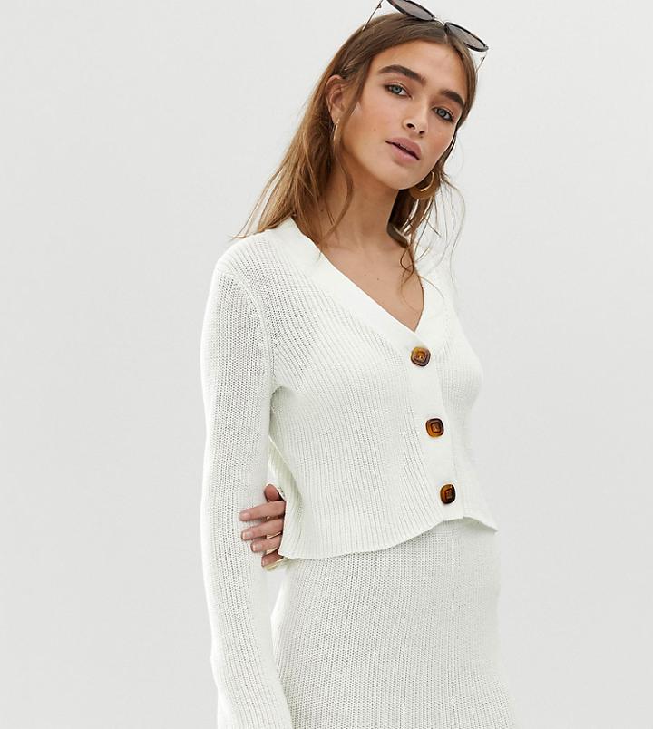Asos Design Petite Two-piece V Neck Crop Chunky Cardigan In Eco Yarn - White