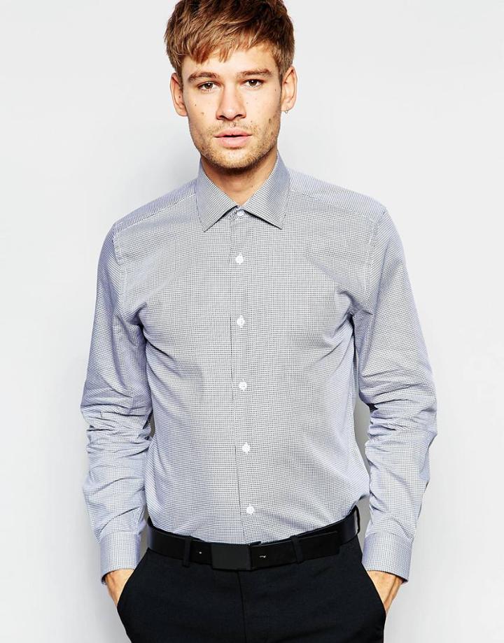 Number Eight Savile Row Ginghham Shirt With Point Collar In Skinny Fit - Black