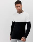 Asos Design Organic Muscle Long Sleeve T-shirt With Stretch And Contrast Yoke In Black - Black