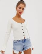 Asos Design Scoop Neck Cardigan In Skinny Rib With Buttons - Cream