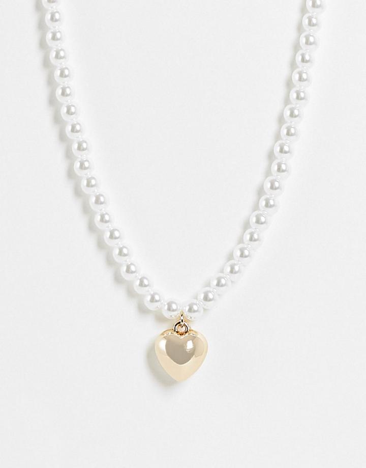 Asos Design Necklace With Pearl And Puff Heart Charm In Gold Tone