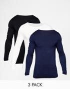 Asos Muscle Long Sleeve T-shirt With Boat Neck 3 Pack Save 21%