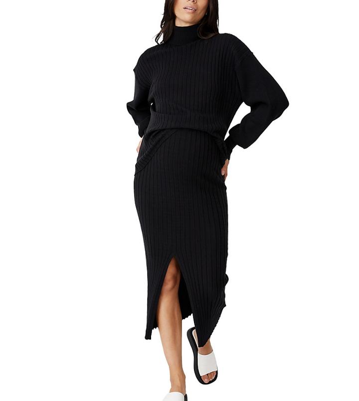 Cotton: On Maternity Ribbed Midi Skirt With Split In Black