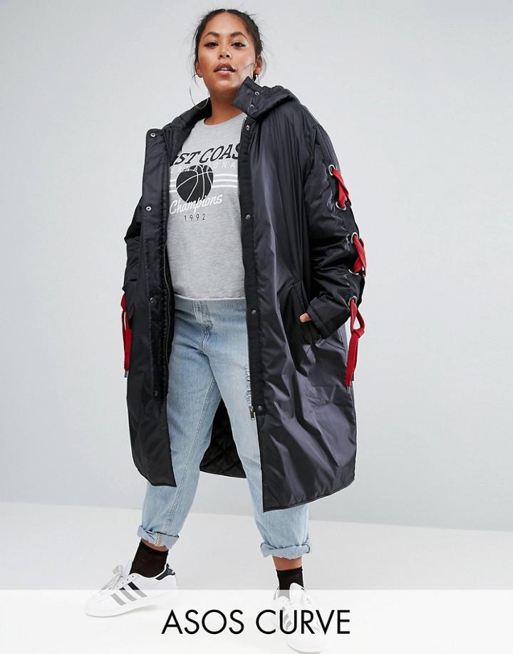 Asos Curve Parka With Eyelet And Lace Up - Black