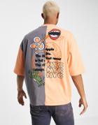 Asos Design Oversized T-shirt In Color Block With Cartoon Back Print-multi