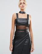 Daisy Street Faux Leather Crop Top With Mesh Insert - Black