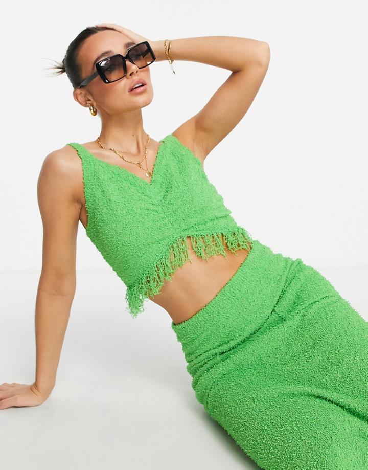 Lost Ink Textured Cami Fringe Top In Green - Part Of A Set