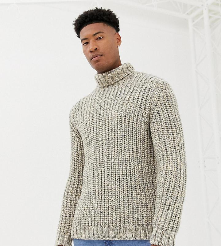 Asos Design Tall Heavyweight Fisherman Rib Roll Neck Sweater In Oatmeal - Beige