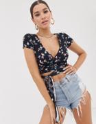 Asos Design Wrap Top With Ties In Ditsy Floral Print-multi