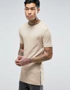 Asos Longline Muscle T-shirt With Zip Detail In Beige - Beige