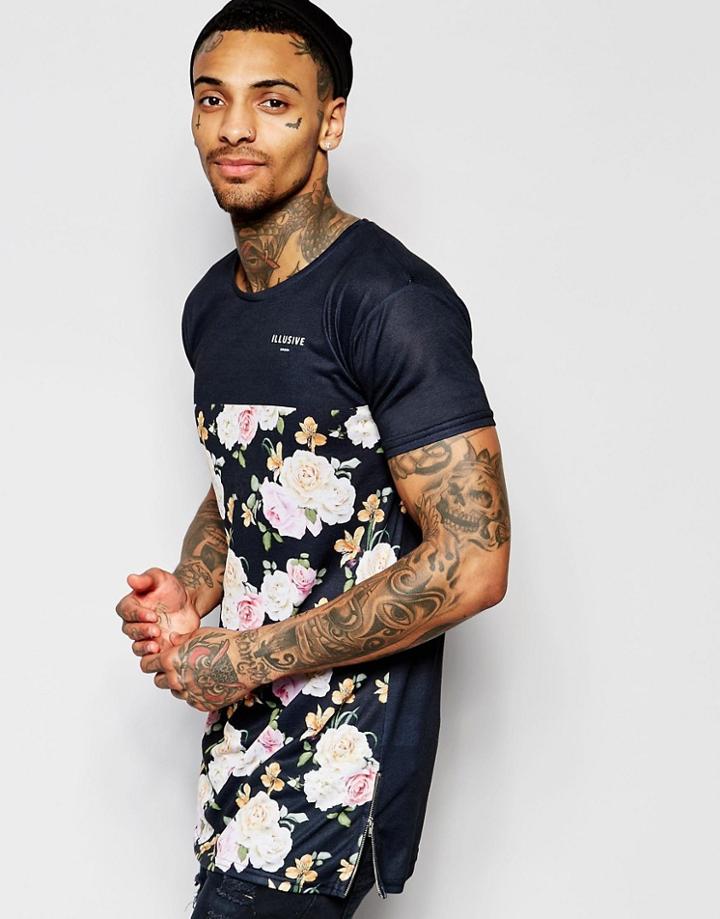 Illusive London Longline T-shirt With Contrast Floral Print - Black