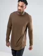 Asos Super Longline Long Sleeve T-shirt With Curved Hem In Brown - Brown